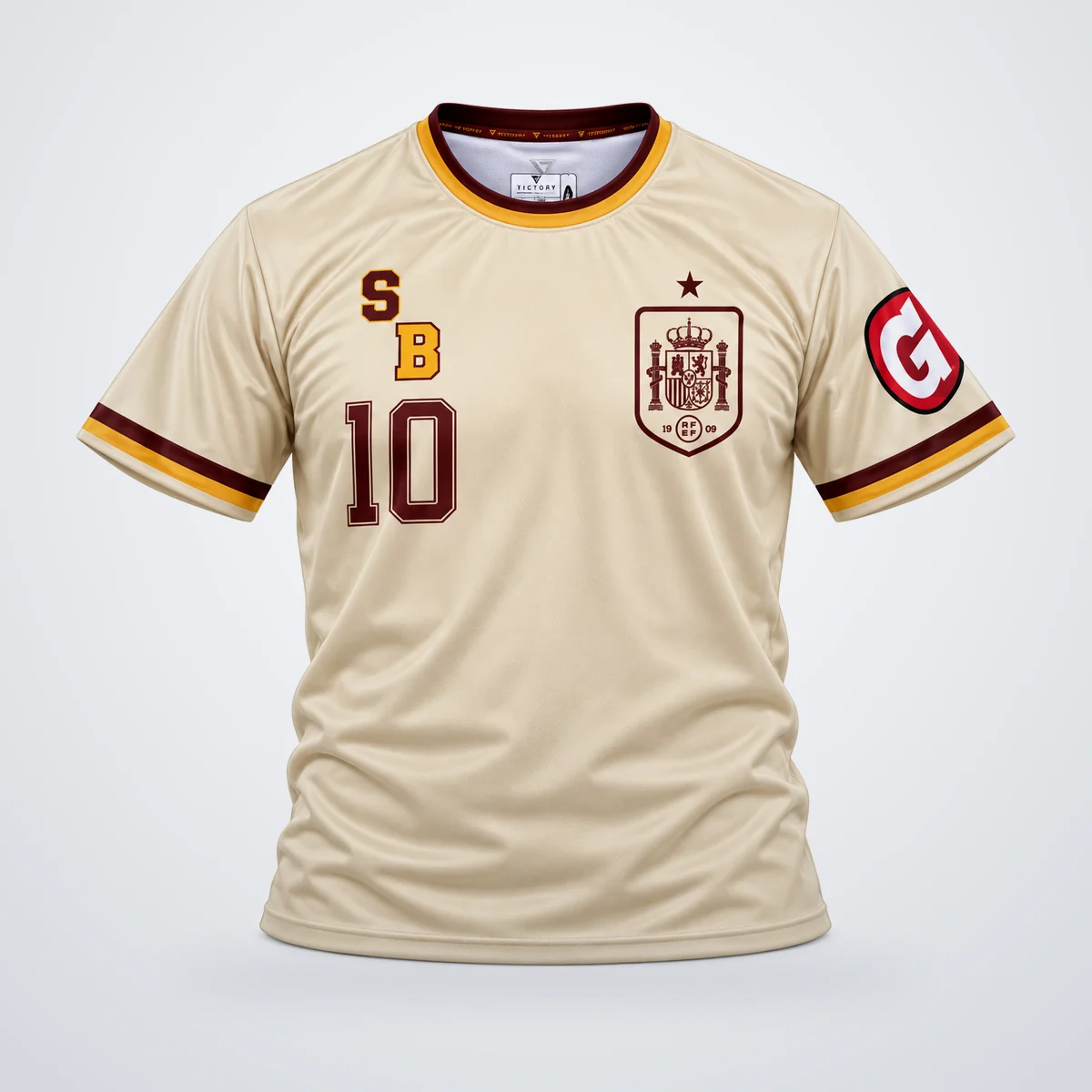 Camiseta de fútbol sublimada color arena con escudo