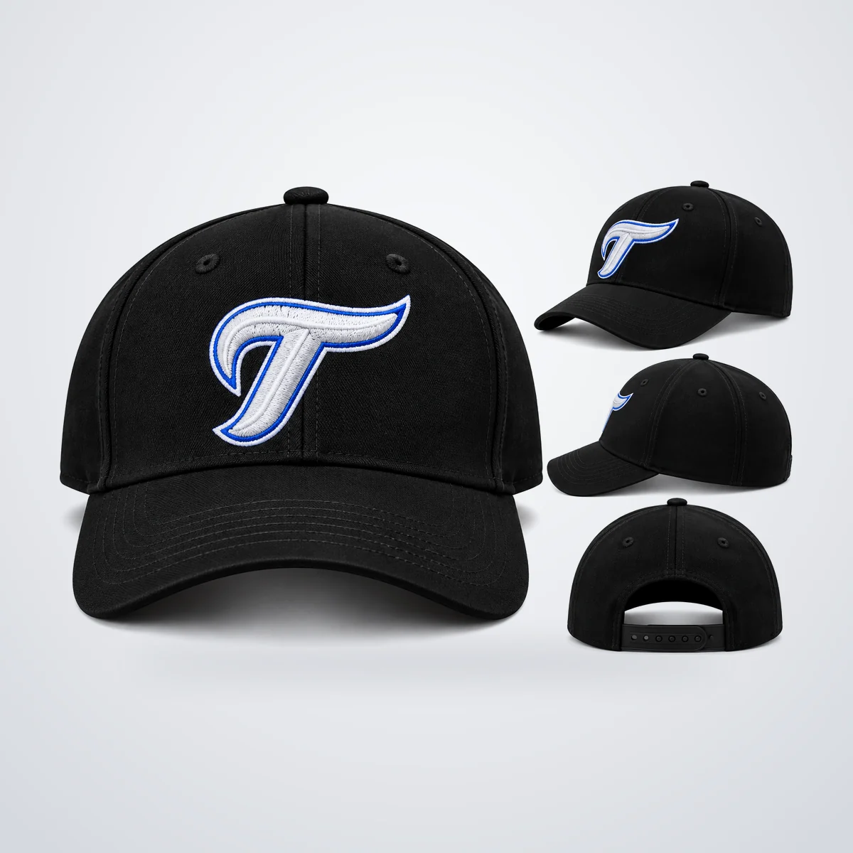 Gorra negra con T azul, bordada por Victory Sports