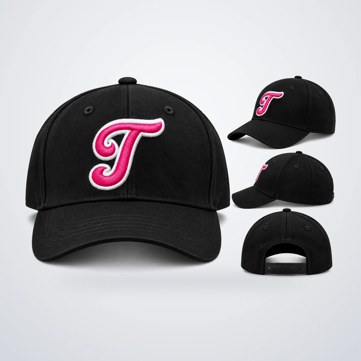 Gorra negra con T rosada, bordada por Victory Sports