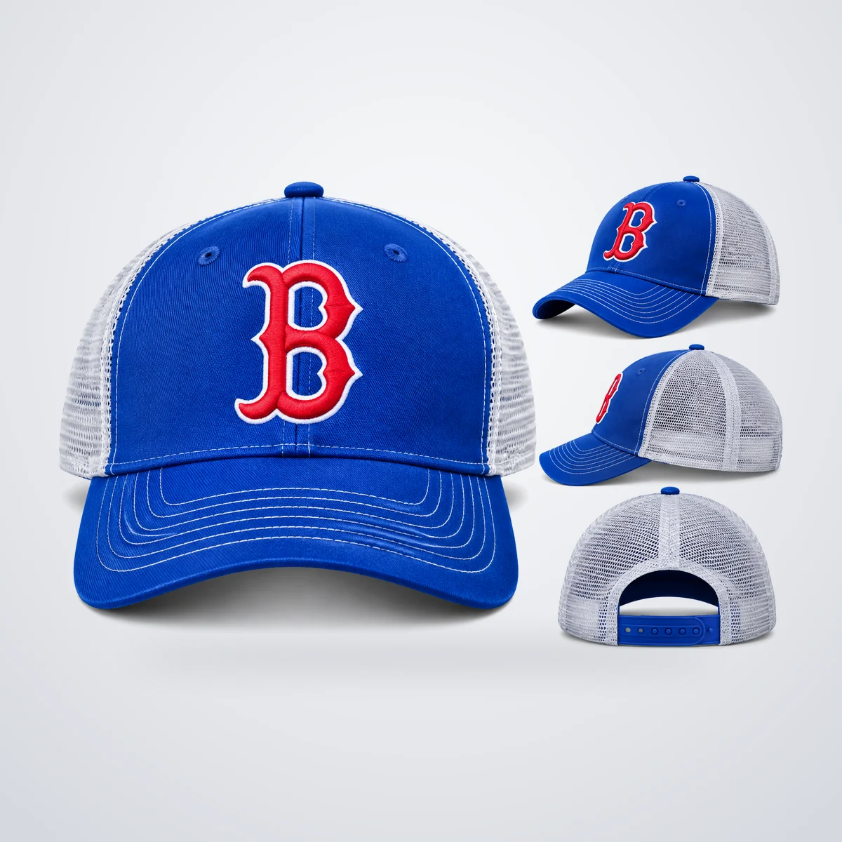 Gorra trucker azul con letra B, bordada por Victory Sports
